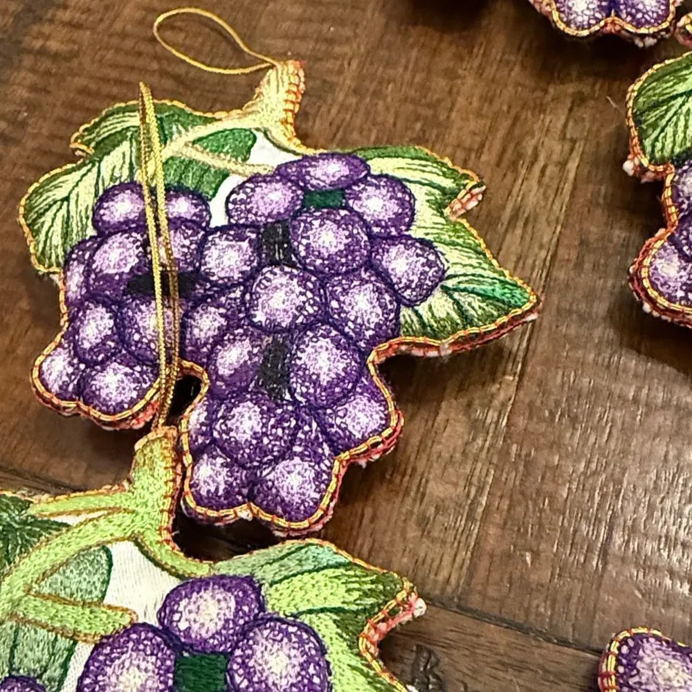 Vintage embroidered long stitch, grape ornaments
